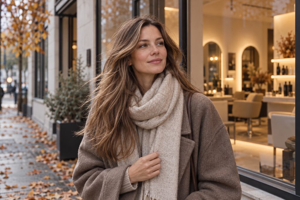 Moteris su vilnoniu šaliku ir ilgais plaukais stovi prie lango vėsią rudens dieną.